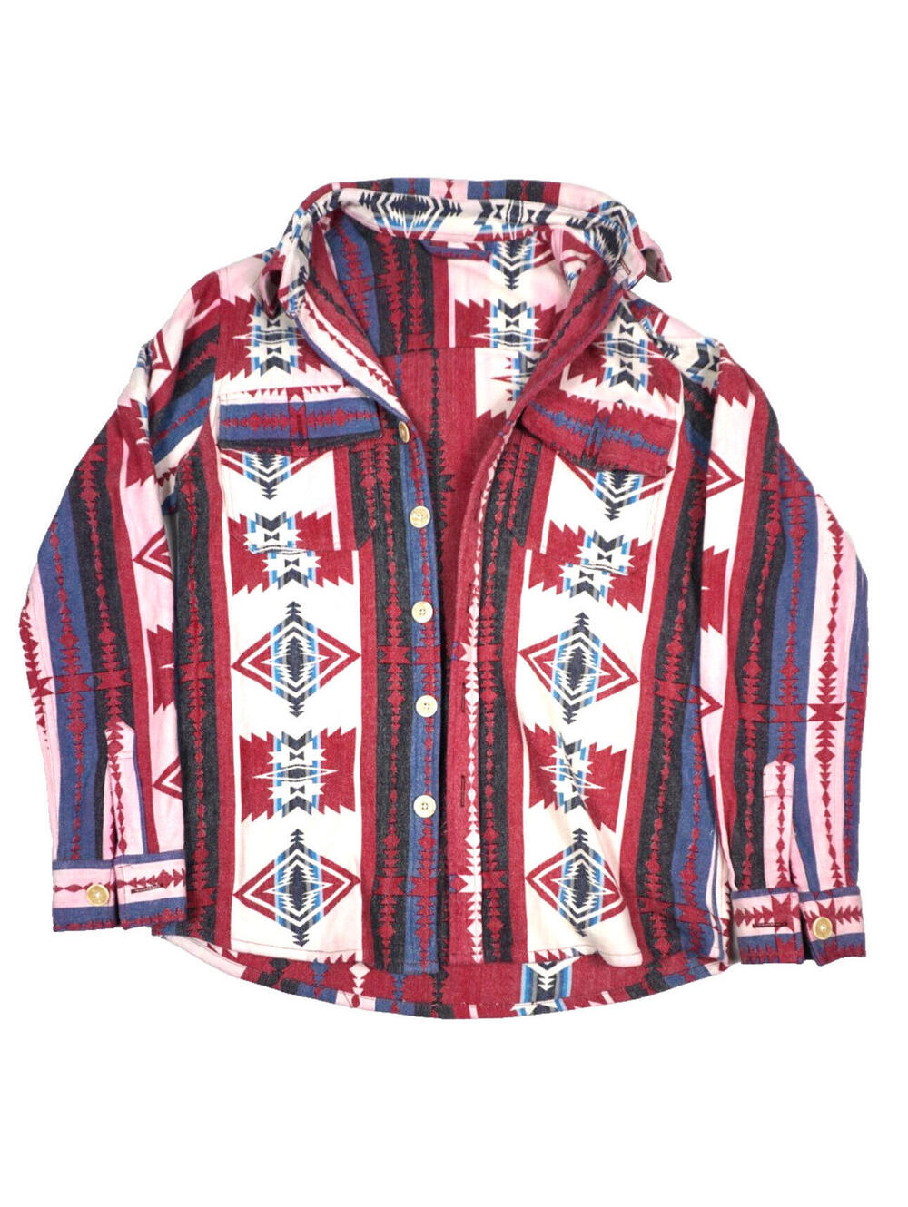 Vintage Western Aztec Flannel Button Up Shirt Womens Medium 90s Red Multicolor